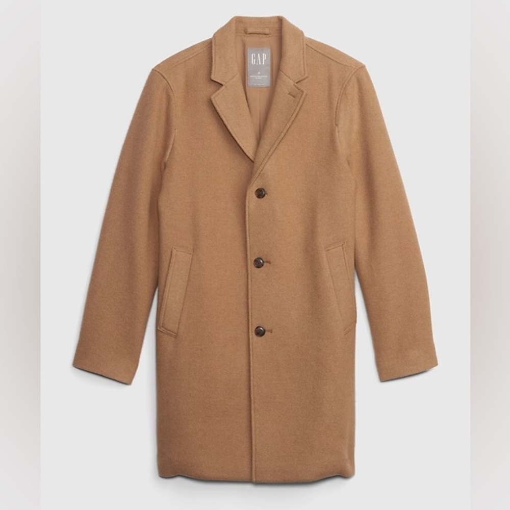 GAP Men’s Wool Top Coat, Size Large (50-52), Tan Camel Overcoat